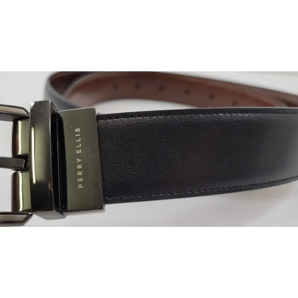 LL) Perry Ellis Portfolio Genuine Leather Reversible Brown Black Dress Belt 34